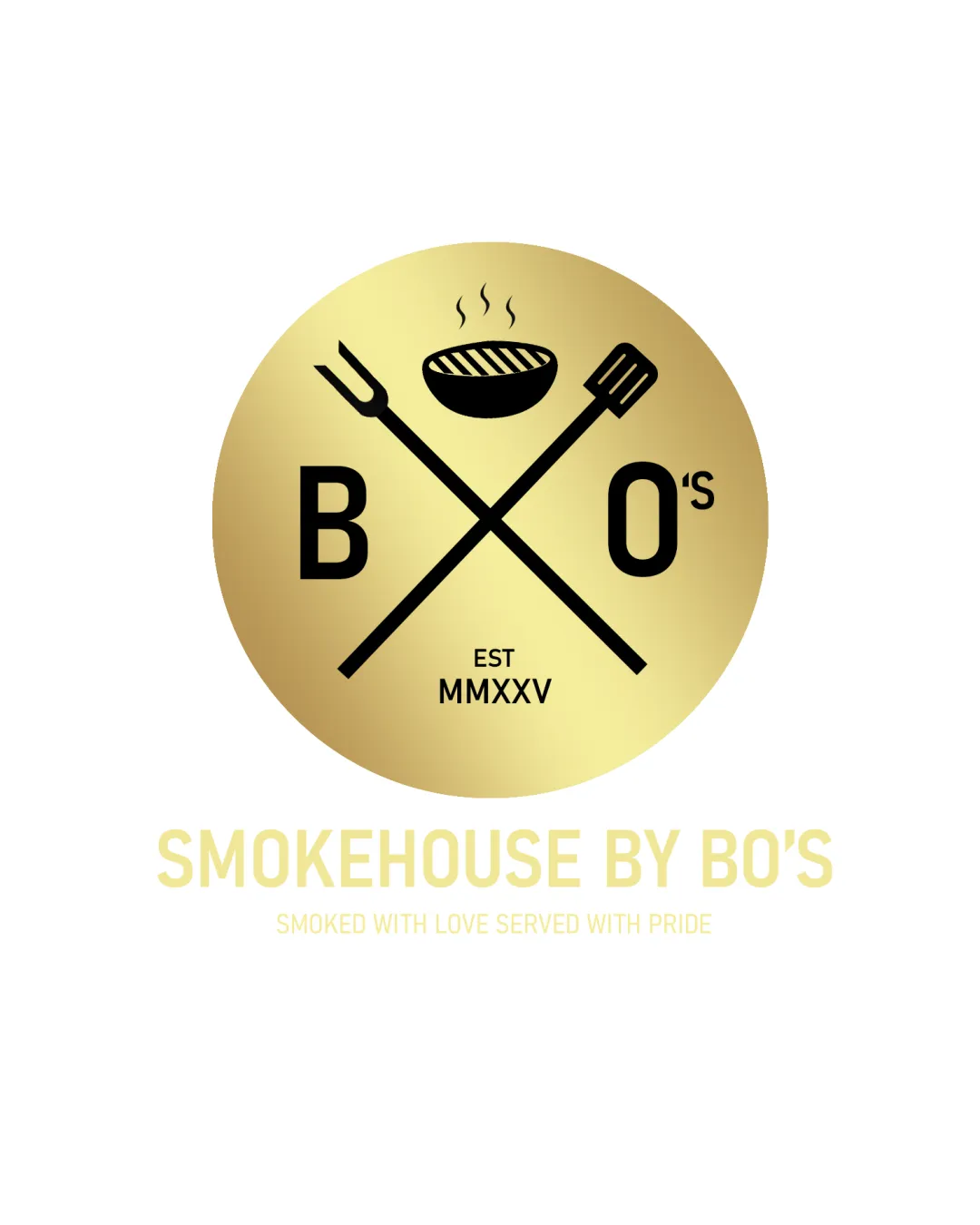 B O S Est Mmxxv Smokehouse By Bo S Smoked With Love Served With Pride Bbq Grill Fork Spatula Emblem Logo Logo Review