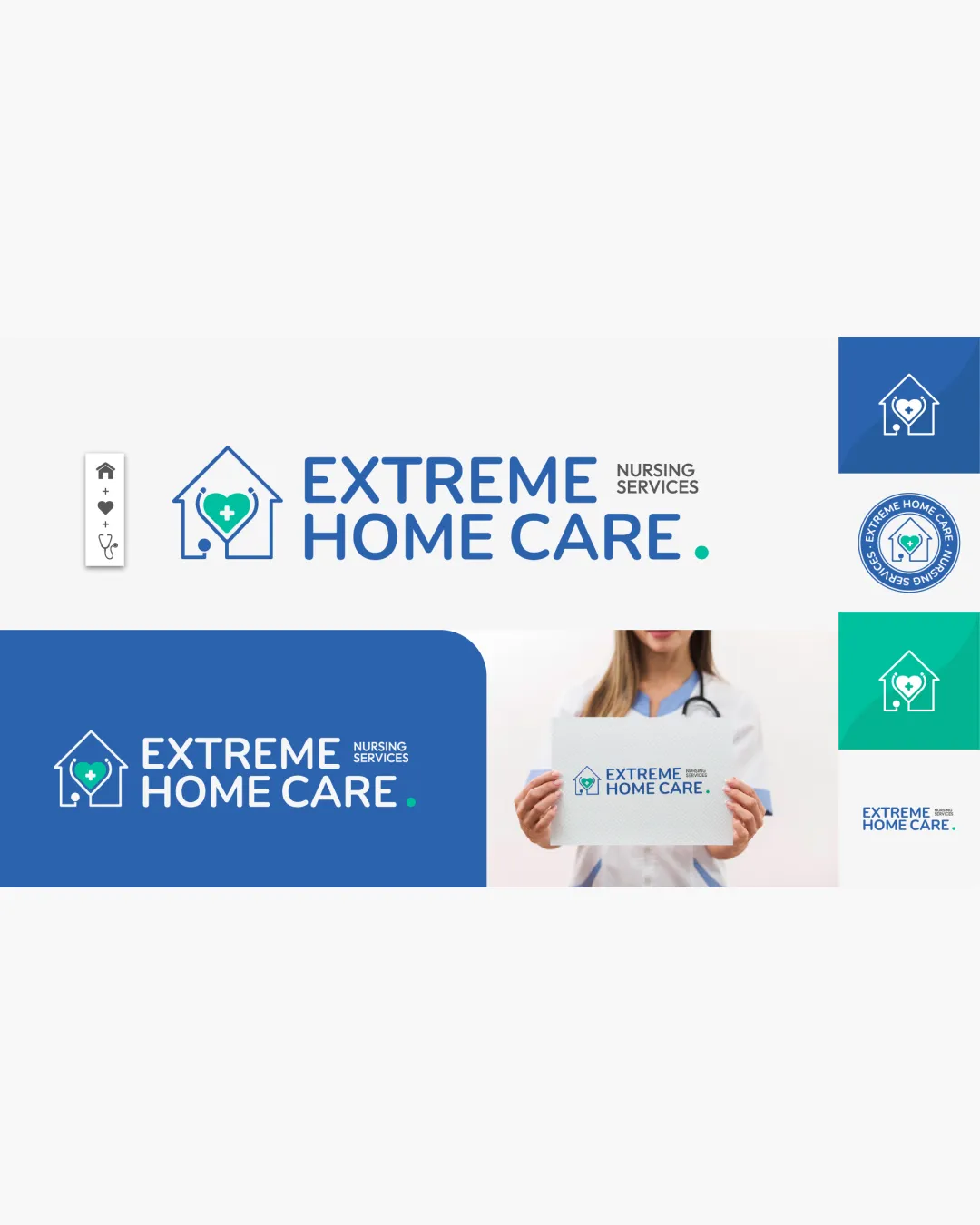 Extreme Home Care Nursing Services House Outline With A Heart And Cross In The Center Stethoscope Forming Part Of The House Combination Mark Healthcare Modern Clean Geometric Logo Review
