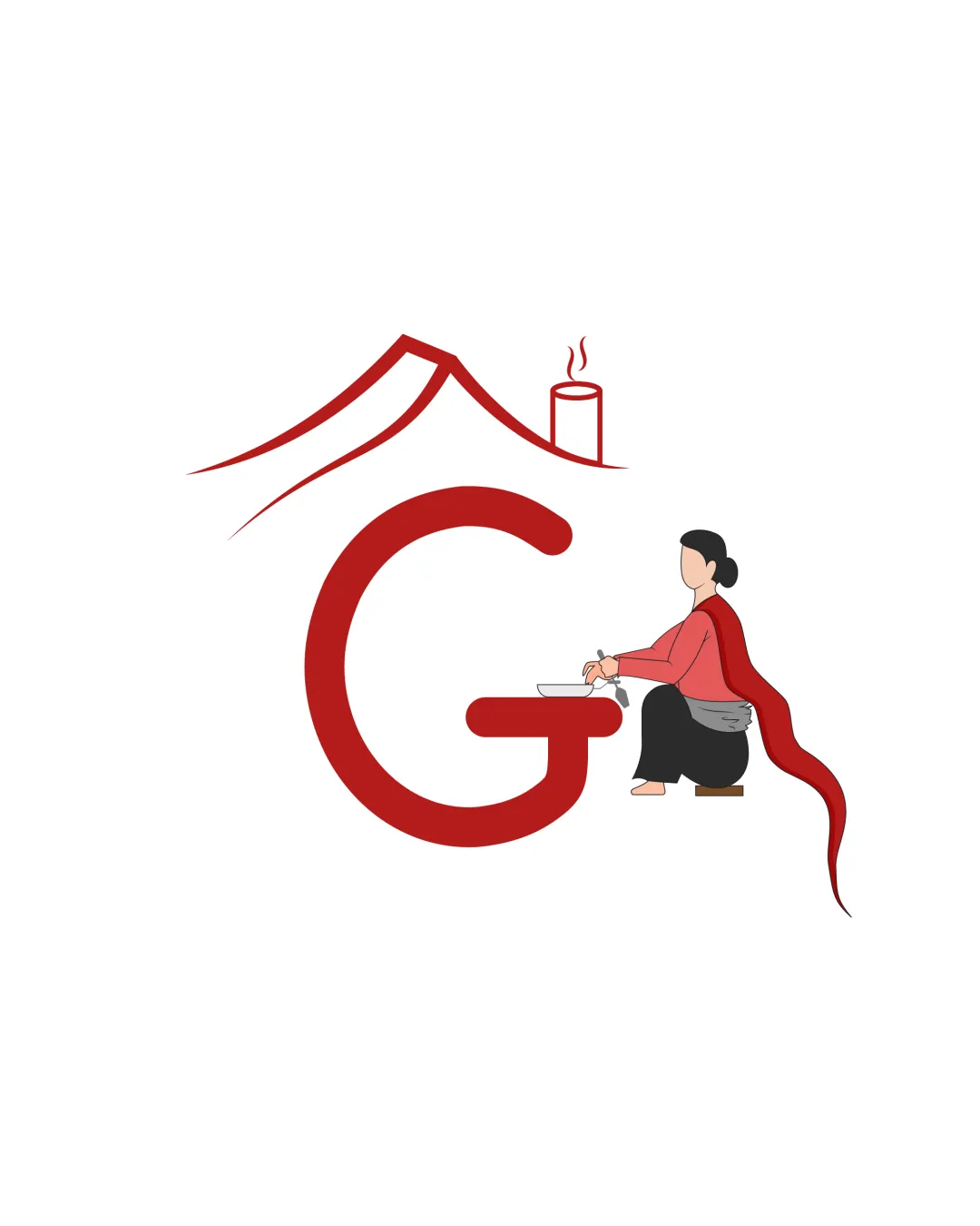 G Large Stylized Letter G House Roof With Chimney Woman In Traditional Dress Cooking Combination Mark Food Illustrative Logo Review