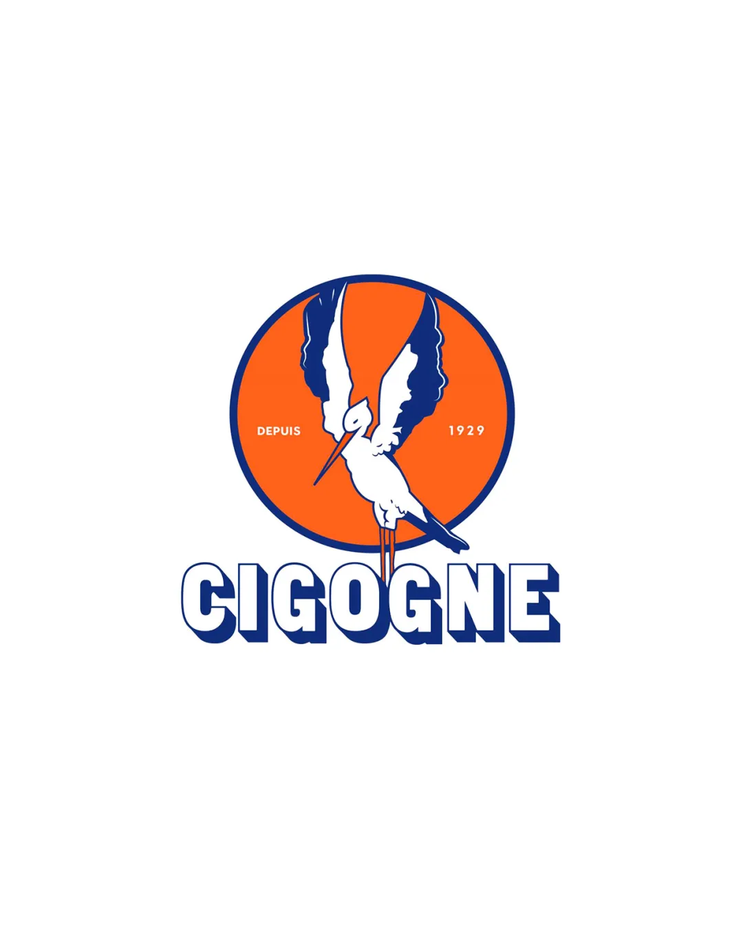 Cigogne Depuis 1929 Stork Illustration Inside An Orange Circle Combination Mark Food Beverage Retro Illustrative Bold Outlined Logo Review