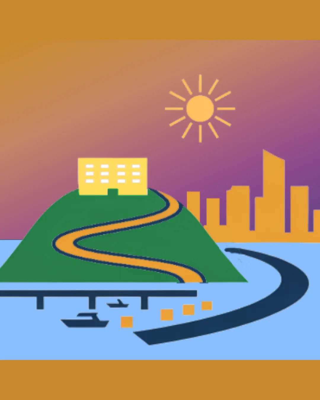 building on a hill with winding road, sun, city sk.. logo review