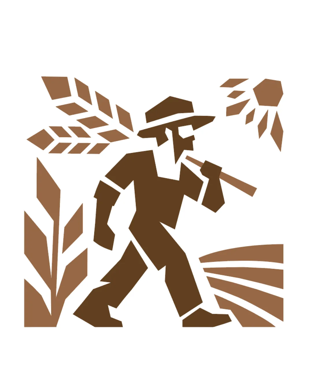 stylized farmer figure with hat, carrying a farmin.. logo review