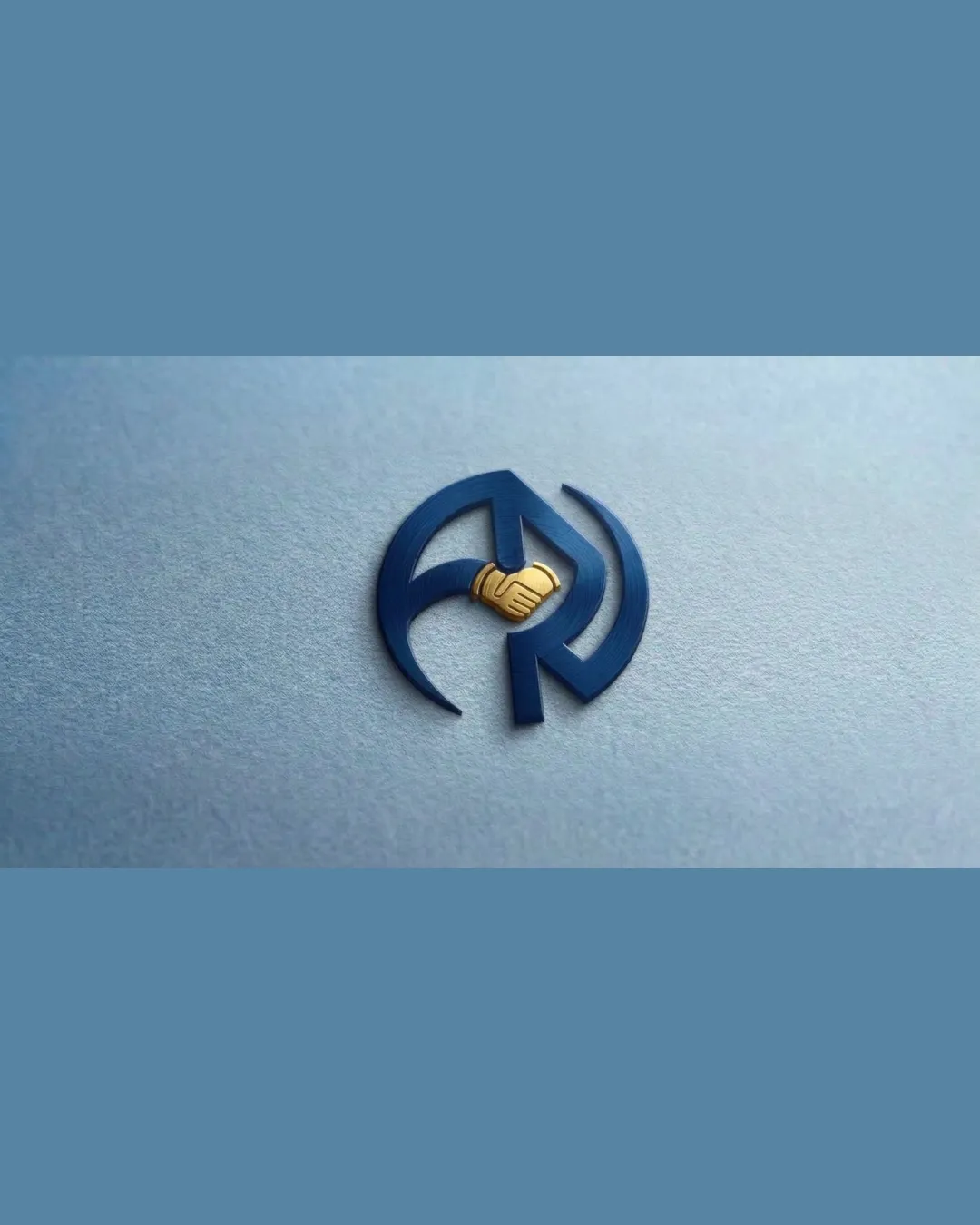 Blue abstract circular shape with central gold han.. logo review